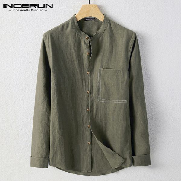 

incerun 2019 vintage casual shirt men cotton stand collar solid color streetwear long sleeve shirts hombre chinese style camisa, White;black