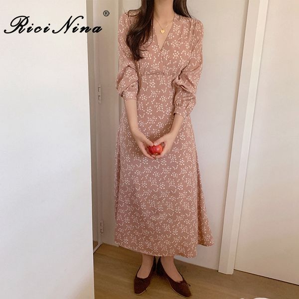 

ricinina v-neck women dress 2020 long sleeve floral print long dress elegant spring casual vintage women maxi dresses vestidos, Black;gray