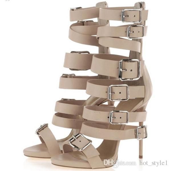 

summer woman fashion peep toe stiletto heel sandals lady leather buckle belt hollow out roma sandals lady super high heel party sandals, Black