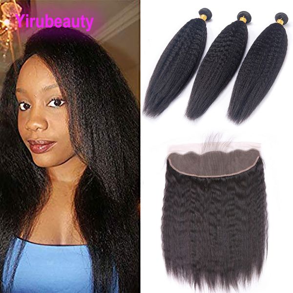 

peruvian human hair extensions 3 bundles with 13x4 lace frontal kinky straight virgin hair 4 pieces/lot yaki hair kinky straight, Black;brown