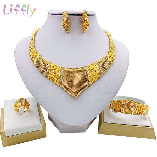

liffly classic bridal wedding jewelry dubai gold jewelry sets for women crystal necklace braceler ring earrings set, Silver