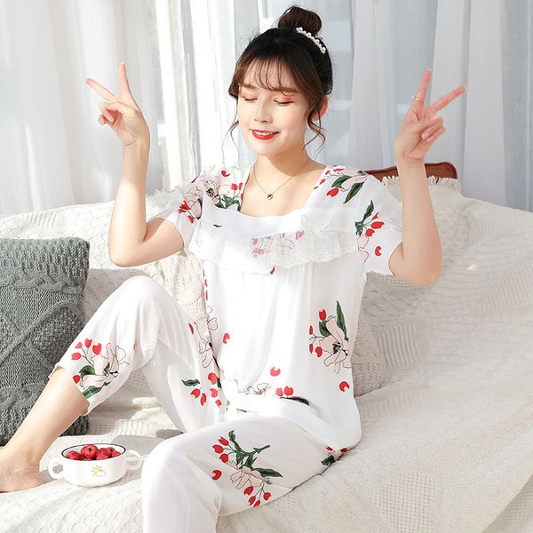 

кружева пижамы лета женщин костюм с короткими рукавами брюки cute printed thin главная одежда двухсекционный wear сыпучие femme кондициониро, Black;red