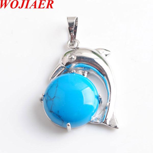 

wojiaer the dolphins natural blue turquoise stone cabochon beads charm pendants & necklaces cute animal jewelry dn8054, Silver
