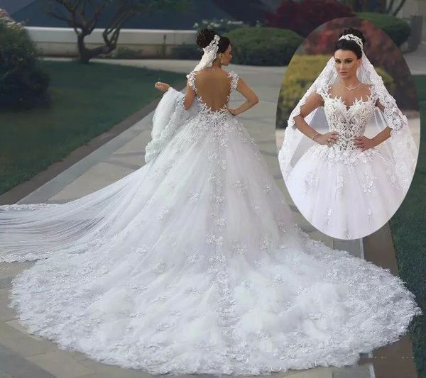 

роскошные arabic с плеча кружева свадебное платье 2019 с аппликациями короткими рукавами суд поезд тюль бальное платье свадебные платья, White