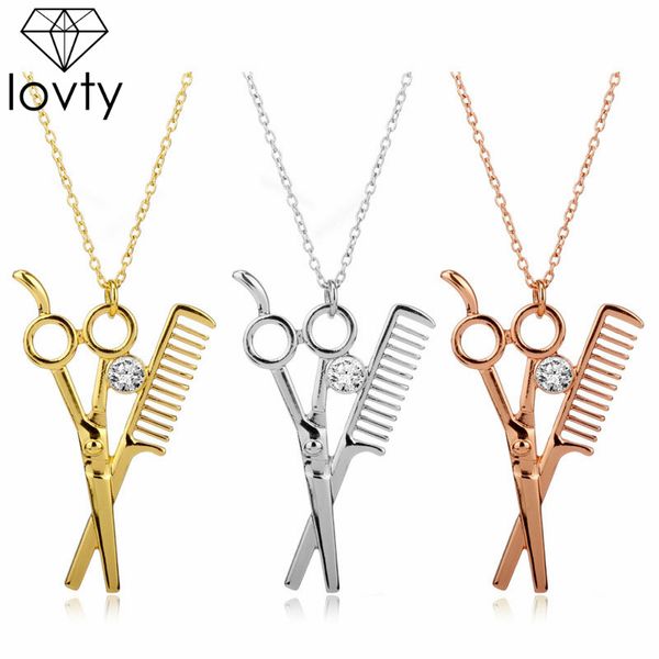 

lovty fashion men punk hip hop scissor comb pendant necklace hair hairdressing stylist vintage jewelry barber pole necklace, Silver