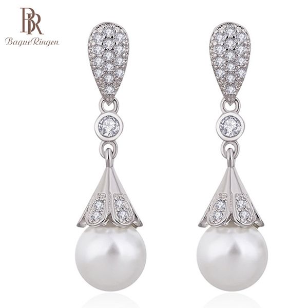 

bague ringen new design long pearl earrings for women temperament silver 925 jewelry contracted fashionable ear drops weddings, Golden;silver