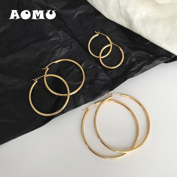 

aomu 2020 new gold color silver color metal circle geometric round simple big hoop earrings for women accessories retro jewelry, Golden;silver