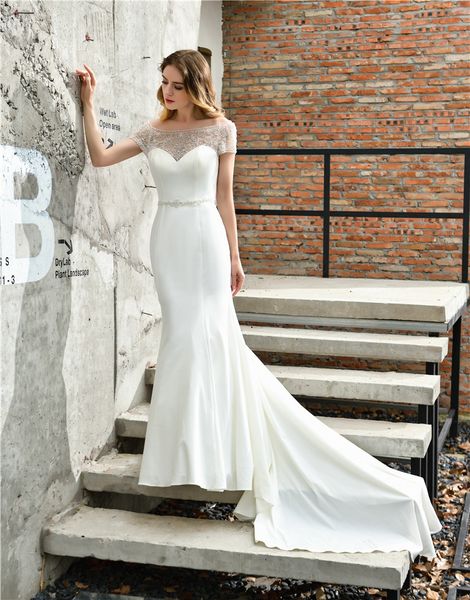 

2019 new ivory mermaid wedding dress with 70cm train,satin elegant wedding gown with beaded sash, White