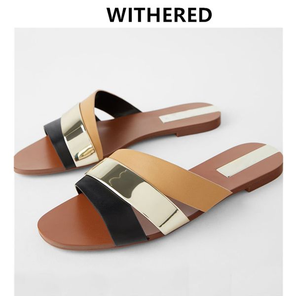 

увядшие ins моды блоггер металла сращивание англия 2020 лето пляж тапочки женщин обувь женщина обувь женщины плоские, Black