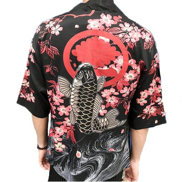 

japanese kimono cardigan shirt men sakura carp print half sleeves open stitch blouses male holiday beach sun protection wear, White;black