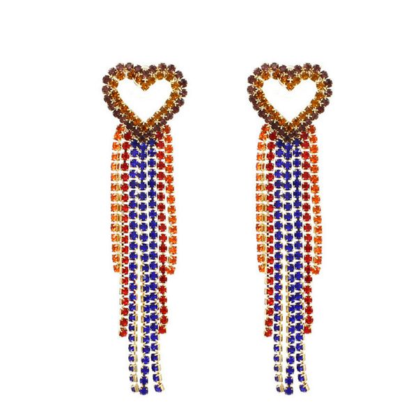 

exaggerated heart-shaped tassel earrings temperament multi-color rhinestone long earrings for woman party wedding dress jewelry, Silver