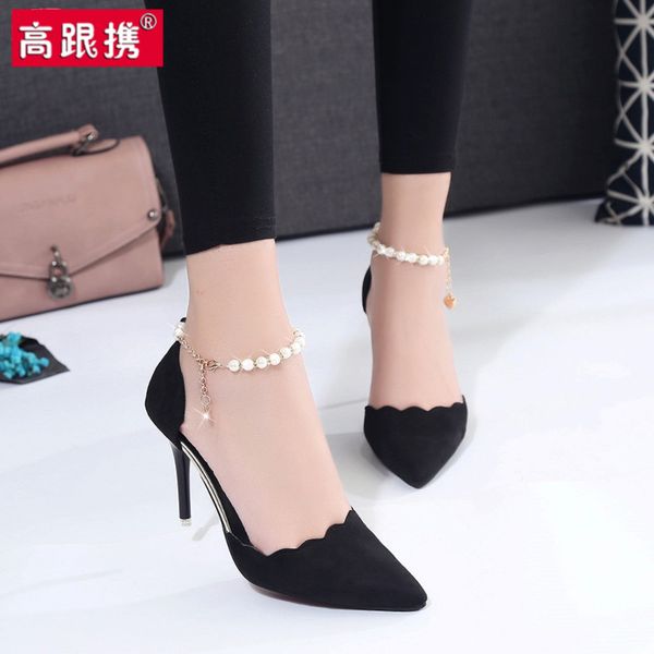 

womens autumn 2020 new korean-style all-match baotou sandals suede hollow one-word buckle pointed stiletto heels multi-function, Black