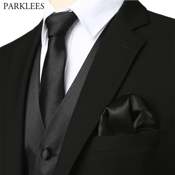 

mens black silk suit vest set party wedding necktie waistcoat vest pocket square tie bowtie for suit or tuxedo chaleco hombre, Black;white