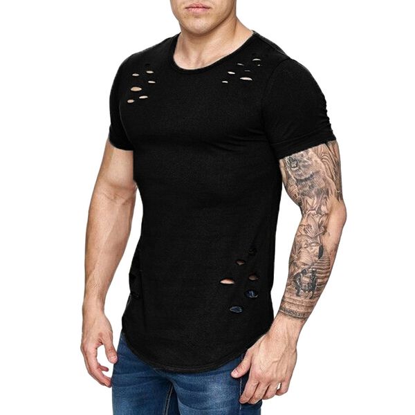

fashion t shirt men fashion summer casual broken hole design short sleeve t-shirt blouse hip hop tshirt sale, White;black