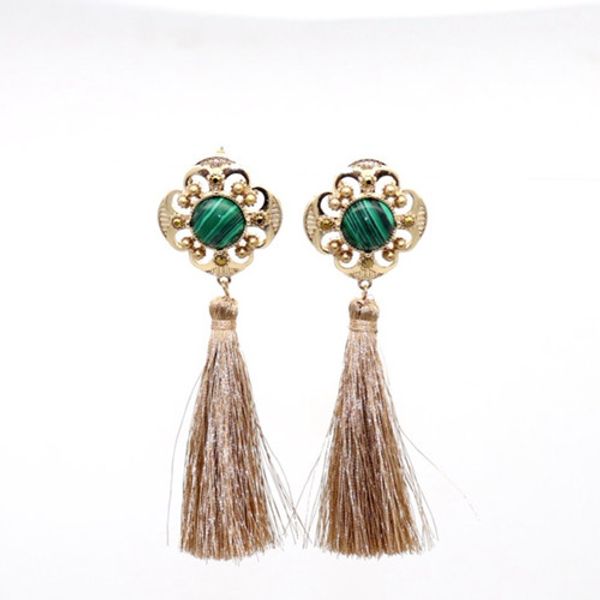 

wholesale 10 pairs gold plated flower rose quartz stud earrings with tassels classic style malachite stone jewelry, Golden;silver