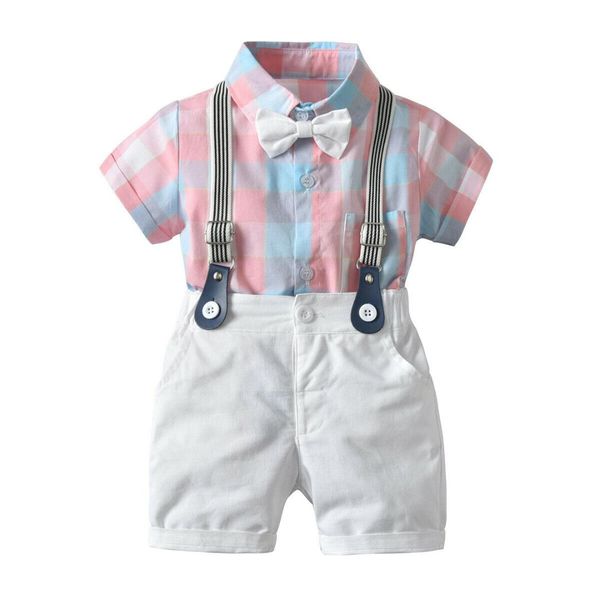 

2pcs toddler kids baby boy gentleman outfit clothes grid t-shirt shorts set, White