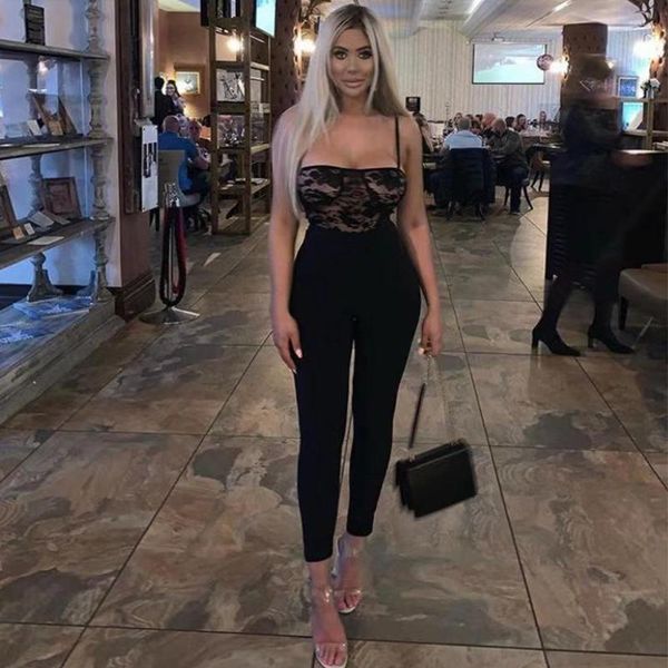 

2019 new celebrity party bandage jumpsuit women spaghetti strap lace strapless nightclub bodycon full length women jumpsuit, Black;white