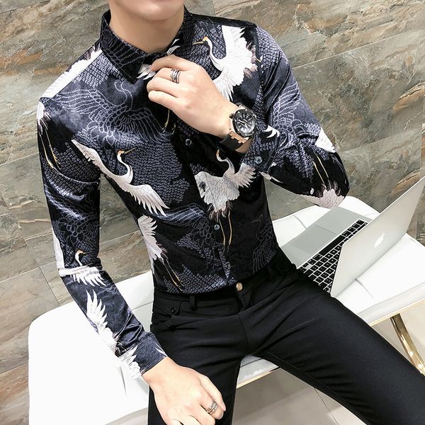 

2019 print men casual slim fit shirt fashion england camisa masculina social tuxedo shirt male long sleeve club party shirts, White;black