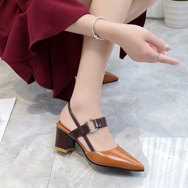 

spring new wild baotou women thick heel buckle patent leather soft girl single shoes, Black