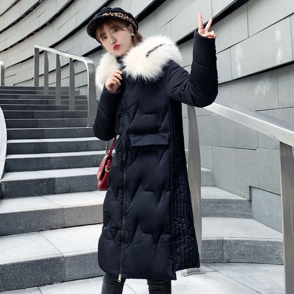 

down cotton padded middle school long knee padded 2019 new korean version large wool collar coat cotton jacket trend, Black