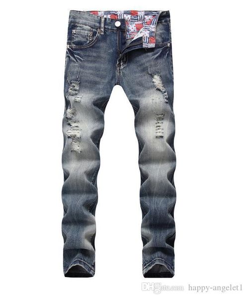 

summer men's ripped hole straight jeans male distressed applique vintage classic jeans size 28-40, Blue