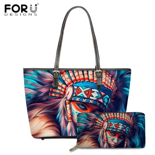 

forudesigns brand women luxury pu leather hangbag with wallet fashion american tribal girls print large shoulder bag for ladies
