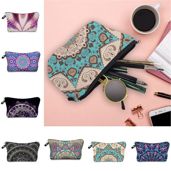 

mandala 3d printing cosmetic bags fashion printed makeup storage bag polyster zipper make up case outdoor travel clutch pouch 24 colors