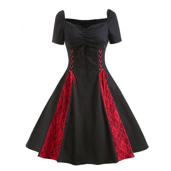 

2019 new women's dress red and black plus size large sizes gothic lace rockabilly evening prom swing punk dress l19118, Black;gray