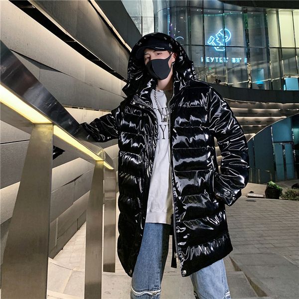 

m-xxlwinter new super fire men's long loose hooded bright leather coat men and women couples jacket jacket, Black