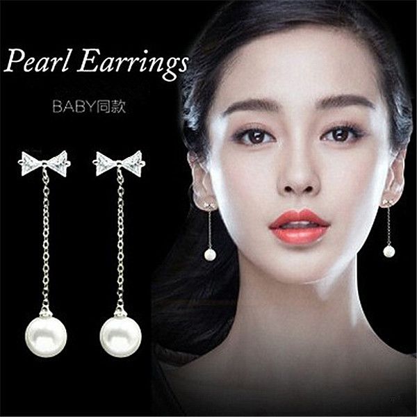 

fashion temperament long earring dangle zircon bow 925 silver simple earrings jewelry