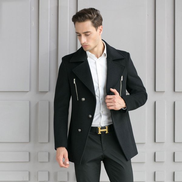 

2018 new men's wool trench coat man turn down collar single breasted woolen overcoat male outerwear, Black