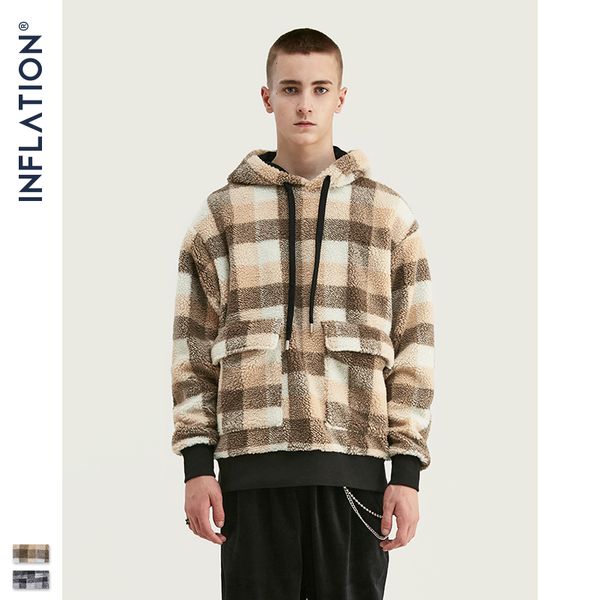 

inflation retro plaid polar fleece men hoodies street style winter oversize warm polar fleece men hoodies for winter 9660w, Black