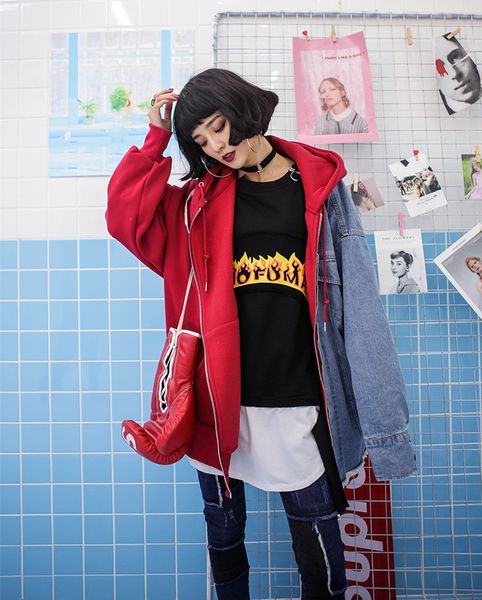 

oversize loose hooded denim spliced outfit wear women contrast color blocked long coat bf design warm fleece cardigan, Black;brown