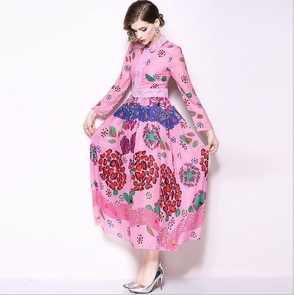 

2019 spring fashion week catwalk lace lapel collar flora printed dresses long sleeve maxi dress street style dresses skirt, Black;pink