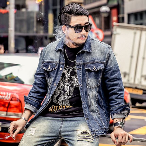 

popular brand large size men's wear plus-sized fat blue cowboy jacket fold-down collar button pocket faded retro, Black;brown