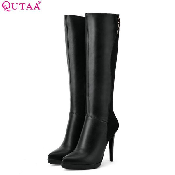 

qutaa 2018 women knee high heel boots black elegent thin high heel pointed toe pu and scrub leather ladies boots szie 34-39