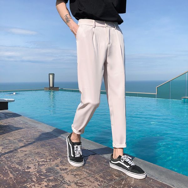 

summer pants men stretch slim fashion solid color casual loose dress pants man streetwear hip hop joggers sweatpants male, Black