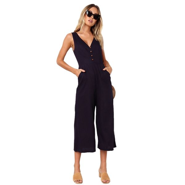 

fashion women elegant jumpsuit solid color backless sleeveless deep v neck button jumpsuit beach casual slim high waist wide leg, Black;white