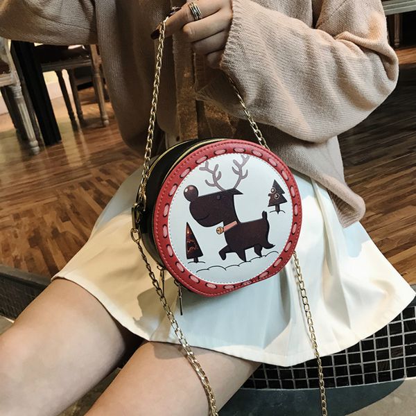 

chic chain round women's handbags kawaii cartoon animal pattern women shoulder bag pu leather ladies messenger crossbody bags