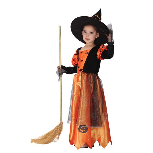 

kids child orange bat pumpkin witch girl sorceress costume for girls halloween purim carnival party masquerade mardi gras dress, Black;red