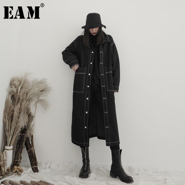 

eam] women black denim big size long trench new lapel long sleeve loose fit windbreaker fashion autumn winter 2020 19a-a638, Tan;black