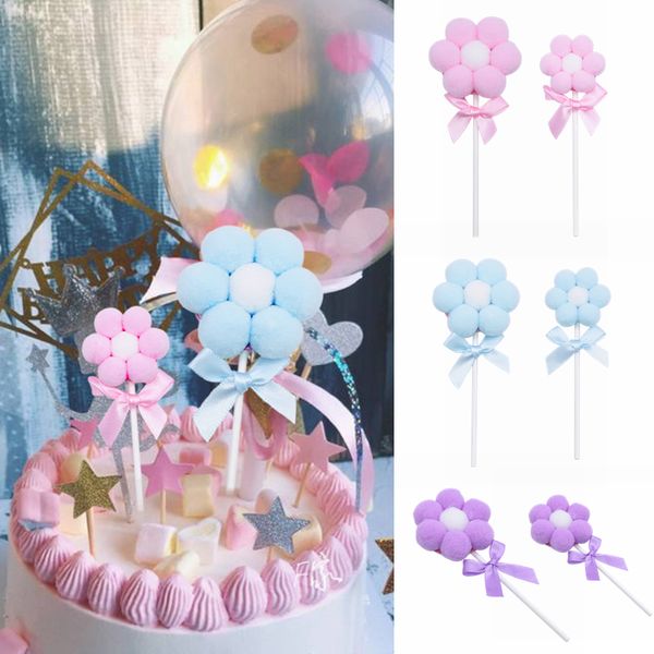 

3/5/10sets plush ball cake ers flower soft pompom er for wedding birthday party cake decoration dessrt flags supplies 8z
