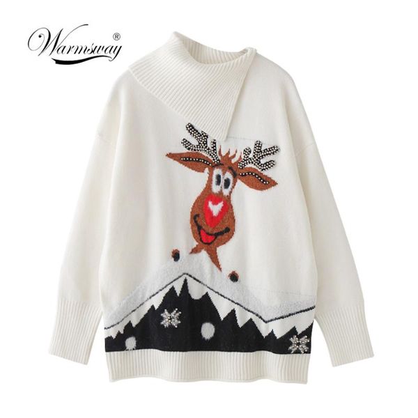 

fall winter new arrival plus size women pullover elk cartoon christmas sweaters half-open turtleneck split knitted jumper c-144, White;black