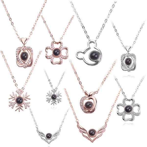 

romantic 100 languages i love you projection pendant necklace crystal statement necklaces charm gifts for lover 10 choices, Silver