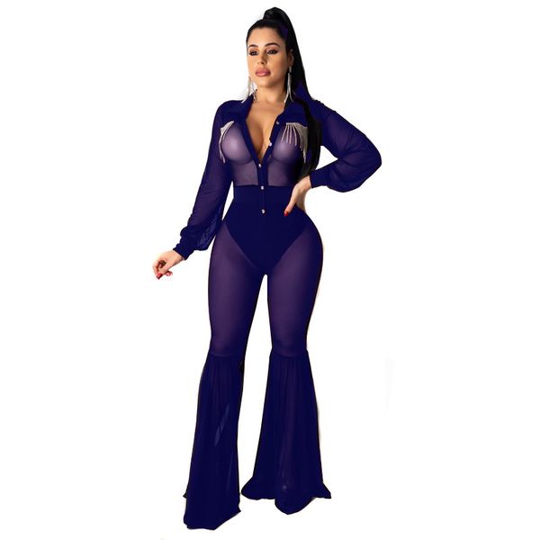 

adfvat mesh patchwork see through party jumpsuit women long sleeve turn down collar sheath romper wide leg pants bodysuit cy8296, Black;white