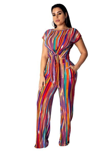 

2019 women summer tracks colorful stripes o-neck short sleeve tie hem t-shirt high wide leg pants suit 2 pieces set outfit a8326, White