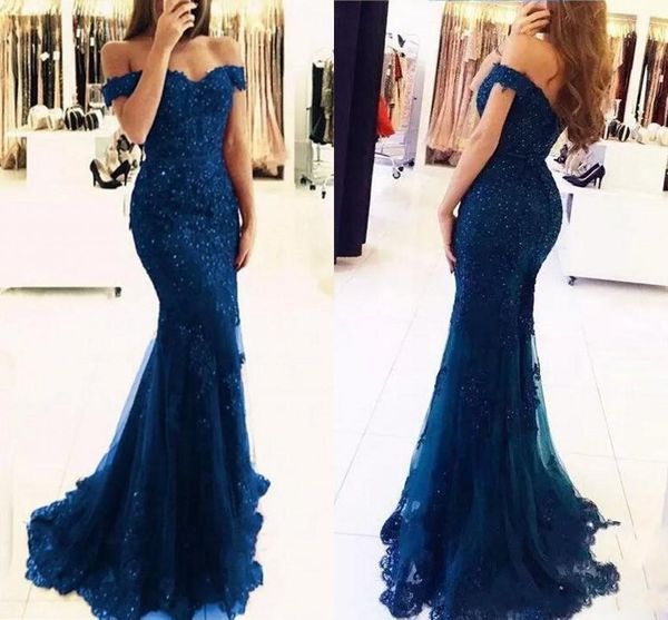 

royal blue mermaid prom dresses 2019 vestidos de fiesta appliqued lace tulle off the shoulder evening dress formal party gowns, Black