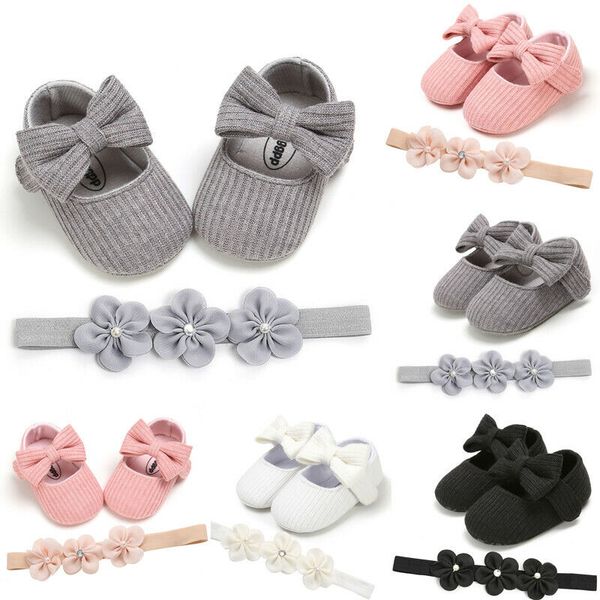 

0-18m toddler girl crib shoes headband 2pcs baby flowers bowknot soft sole prewalker shoes