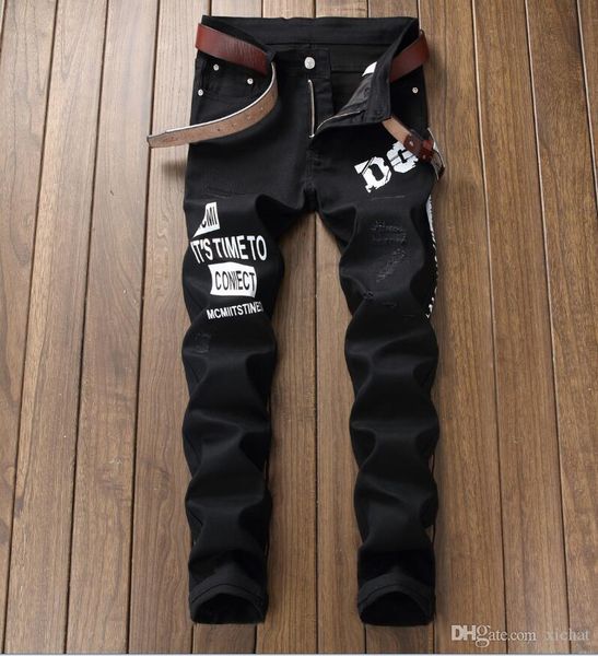 

korea big size jeans men's letter printing balck jeans denim pants white casual streight leg jeans size 28-38 5613, Blue