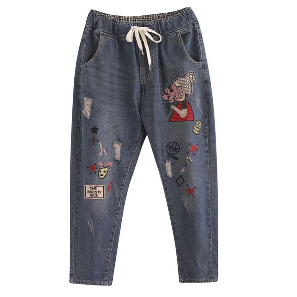 

autumn winter women trousers female cartoon embroidery trousers elastic waist haroun pants loose casual women pants yoyikamomo, Blue
